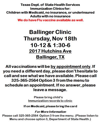 Ballinger Immunization Clinic Nov 2021